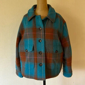 Sundance sz PL shacket blue rust colored plaid button front 24.5” P2P x23”length